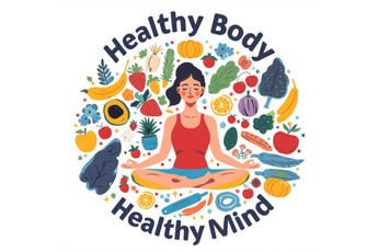 a graphic image of a woman sitting cross legged with fruits and vegetables all around her. the words Healthy Body are about her and below it says Healthy Mind