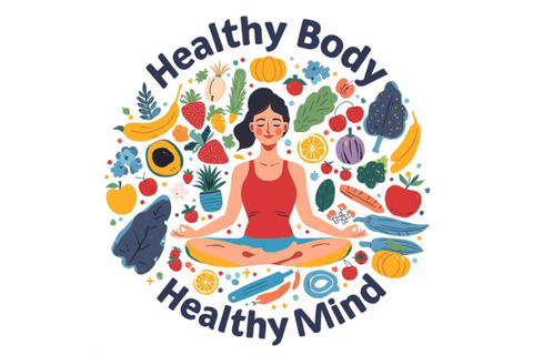 a graphic image of a woman sitting cross legged with fruits and vegetables all around her. the words Healthy Body are about her and below it says Healthy Mind