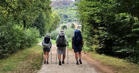 A woman in shorts and a t-shirt is walking a dog on a dirt trail through a park. 